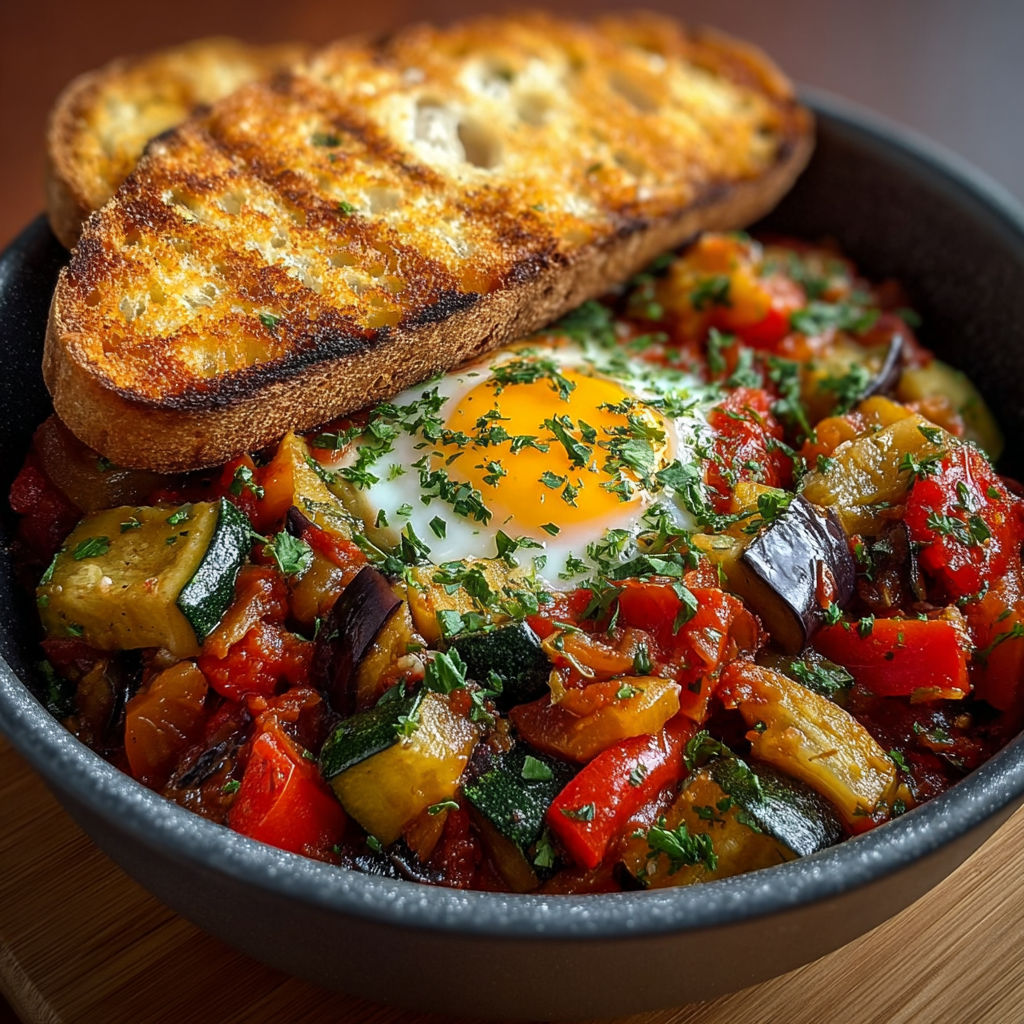 Une recette de salade de légumes avec des tranches de pain grillé.