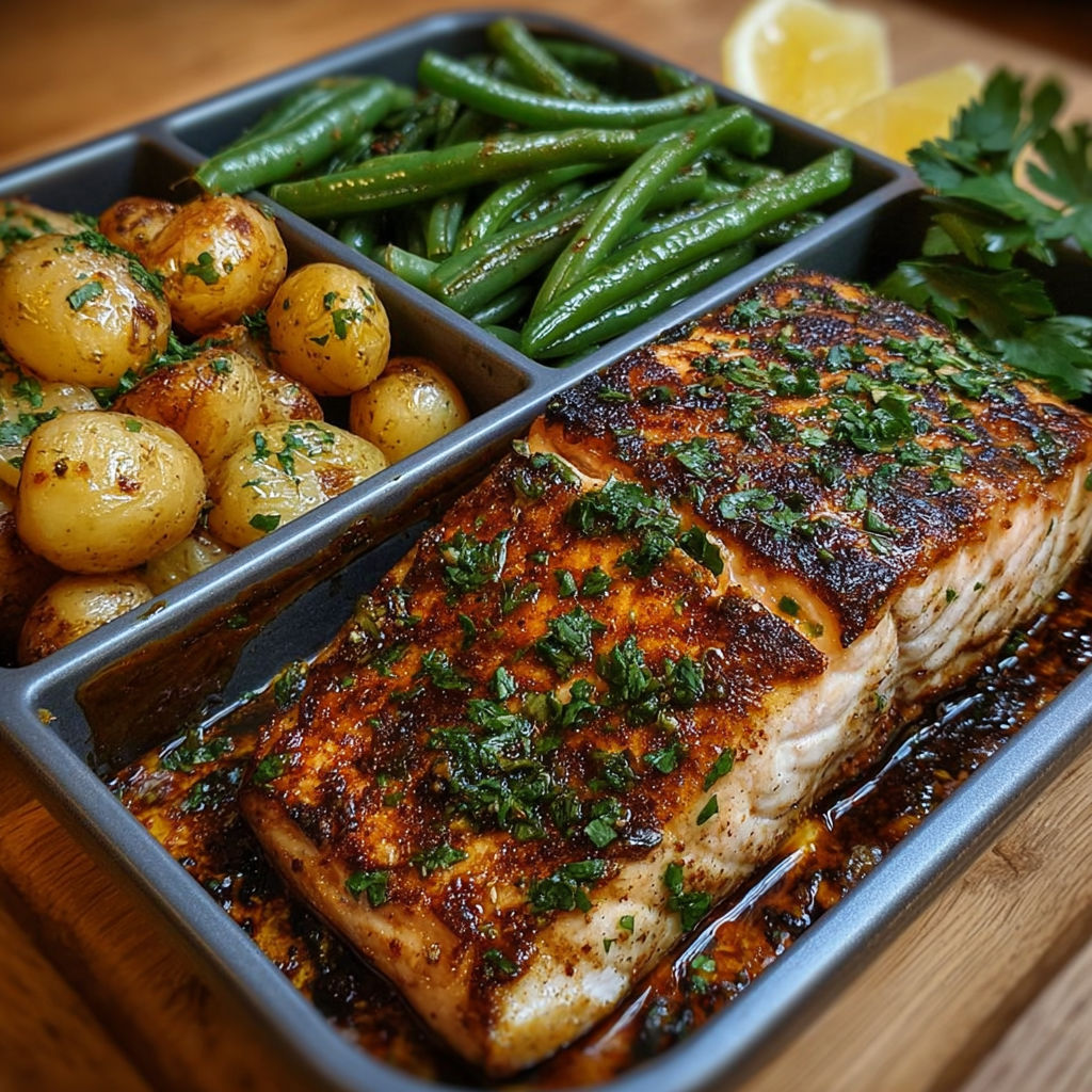 Poisson grillé, pommes de terre rôties & haricots verts.