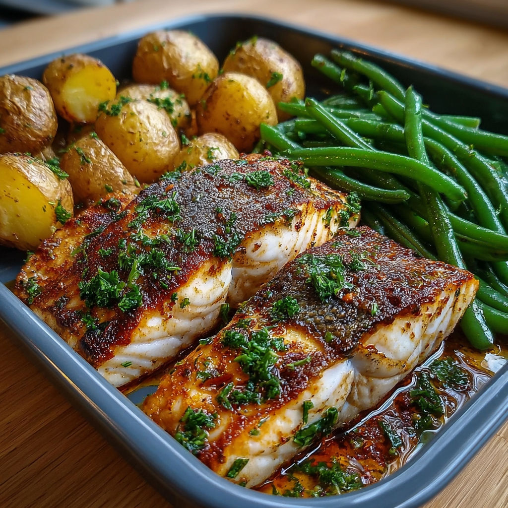 Un filet de poisson grillé avec des légumes verts et des pommes de terre.