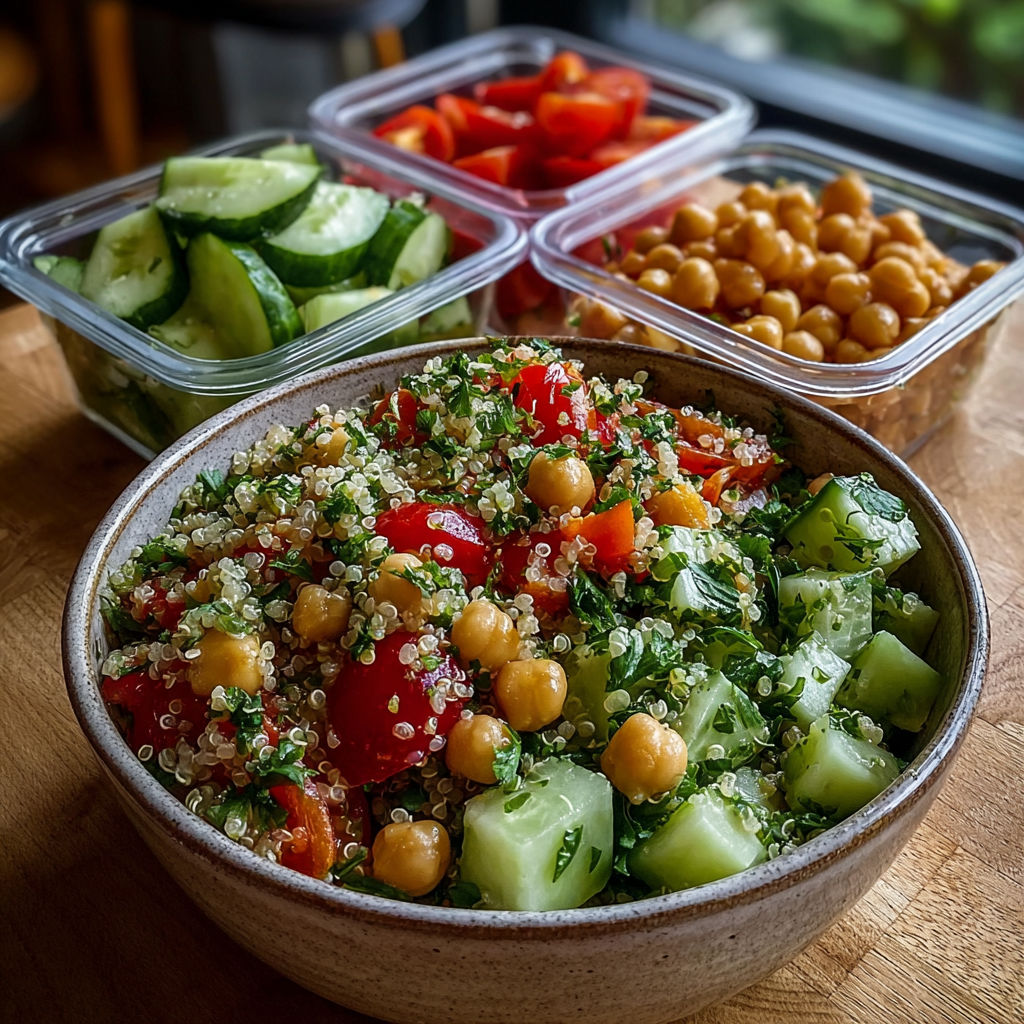 Une salade fraîche quinoa, pois chiches et concombre est servie sur une table.