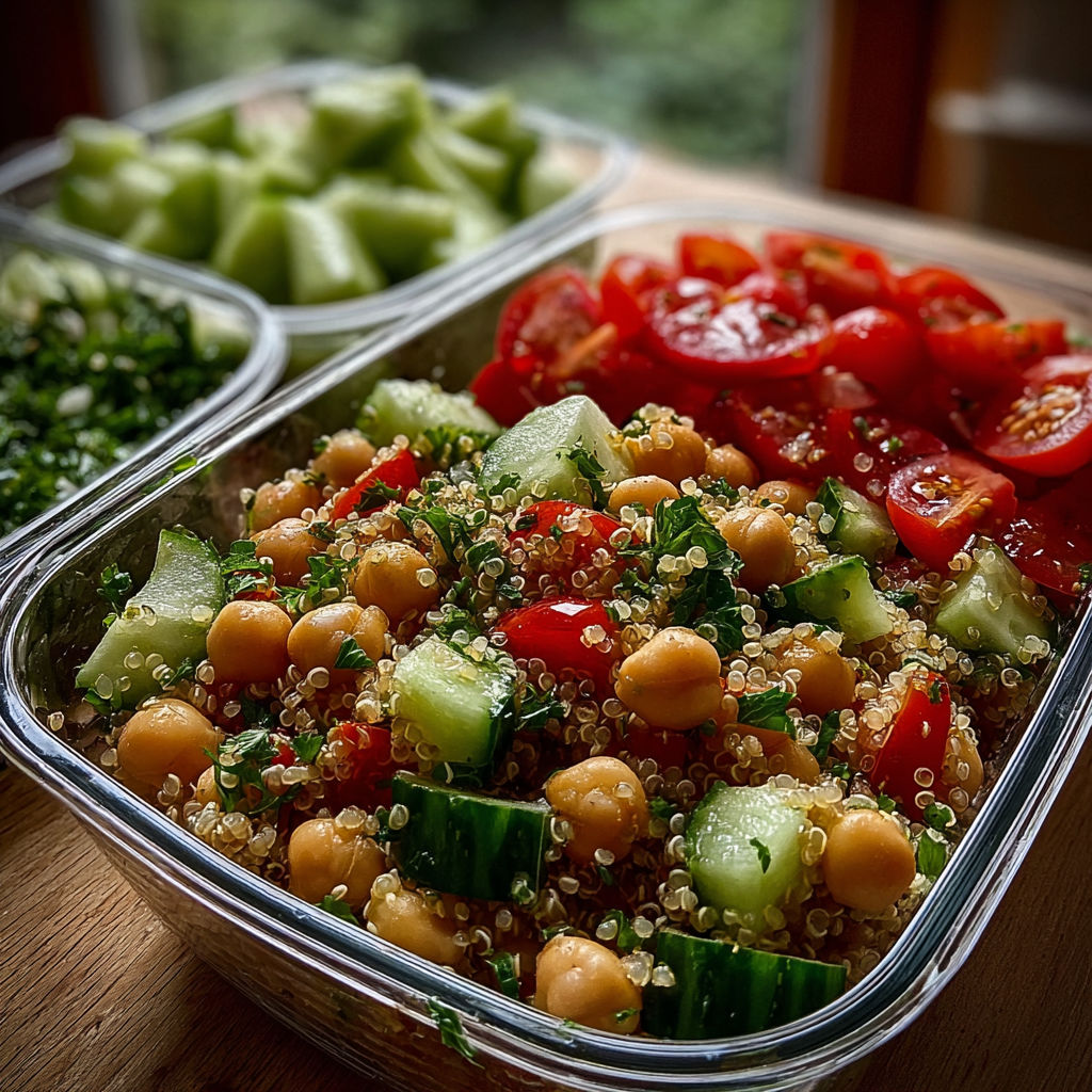 Une salade de légumes et de graines de couscous, avec des tomates, des cucumbers, des concombres, des poivrons et des herbes.