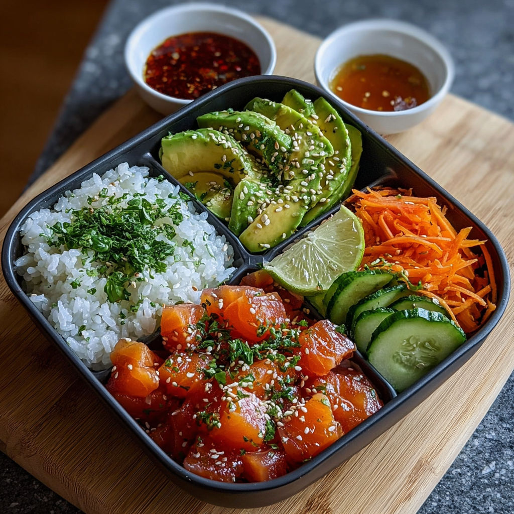 Un plat de poke bowl avec du saumon mariné et des légumes.