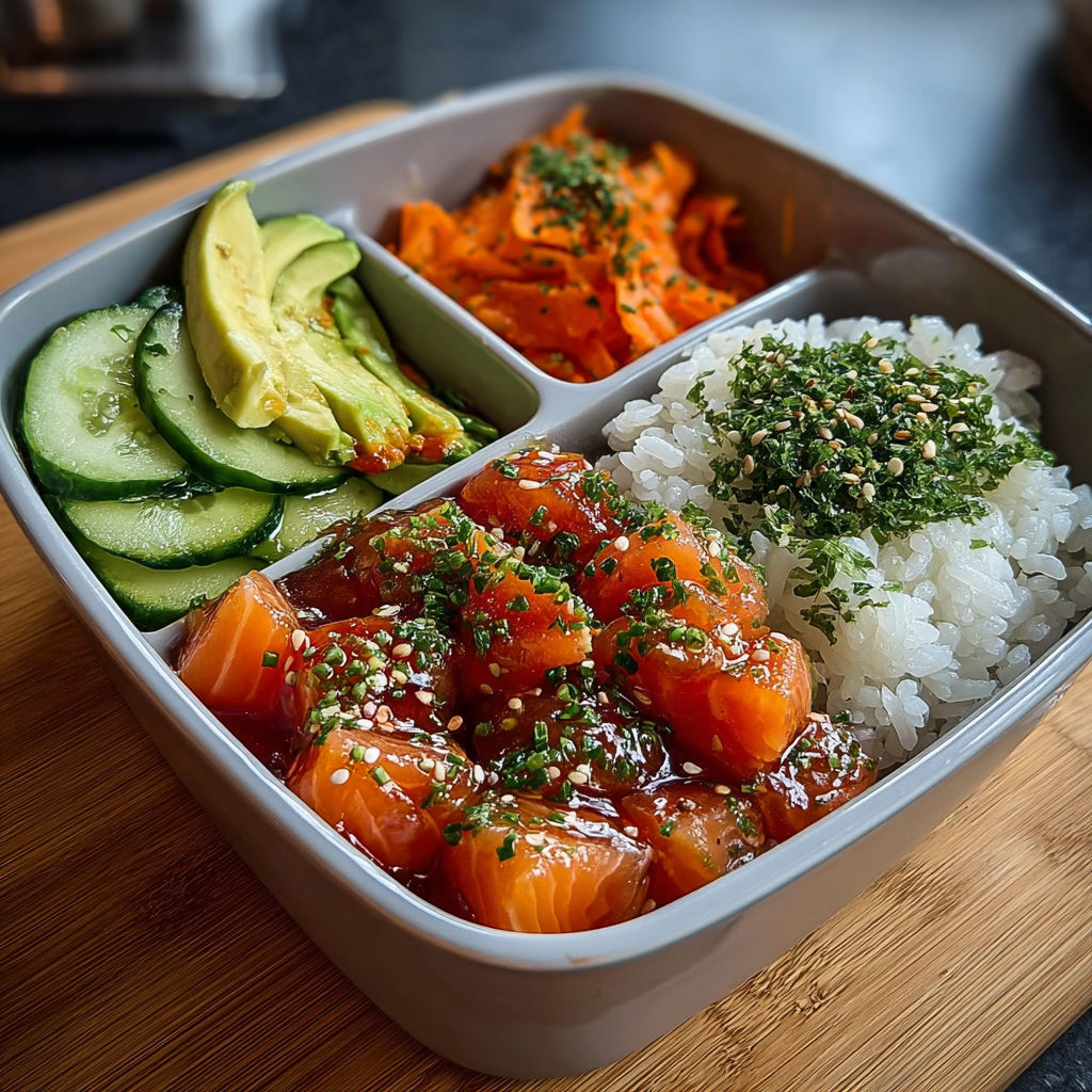 Une boîte de cuisine contenant des légumes et des rices, avec des légumes tels que des avocats et des carottes, et des plats tels que des poissons et des légumes grillés.