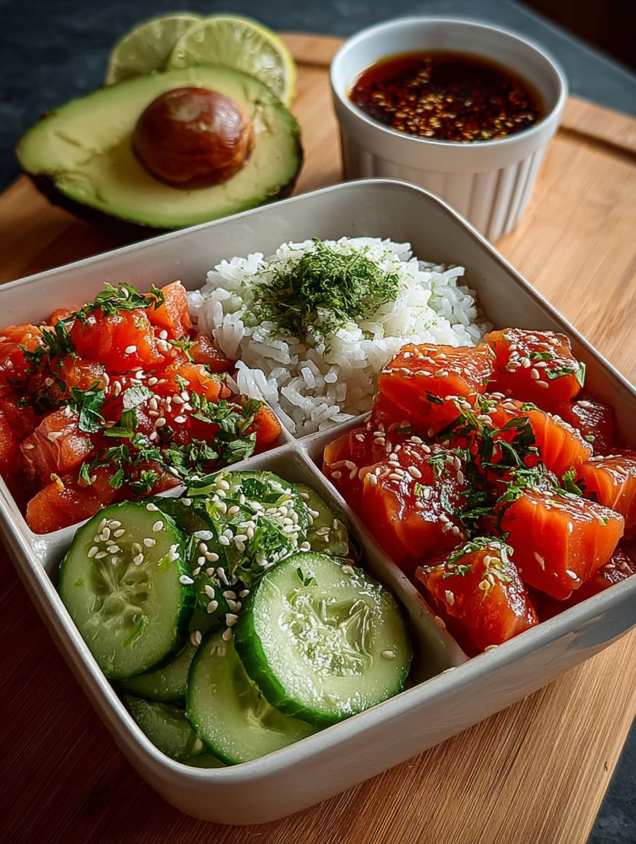Une salade de poisson et avocat avec des cucumbers et des grains de riz.