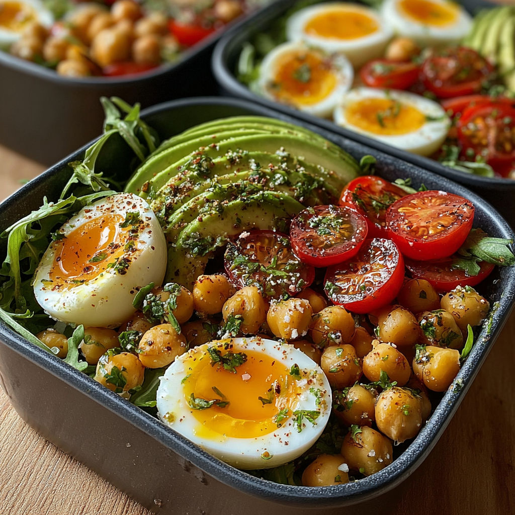 Une salade complète de pois chiches, avocat et œufs durs, prête à être mangée.