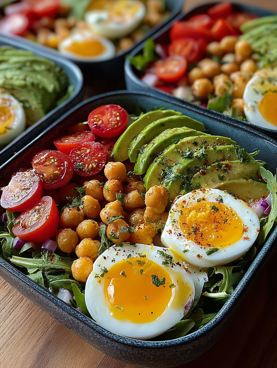 Une salade de poulet et avocat avec des oeufs brouillés.