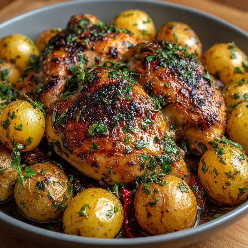 Un plat de poulet rôti aux herbes et pommes de terre grenaille.
