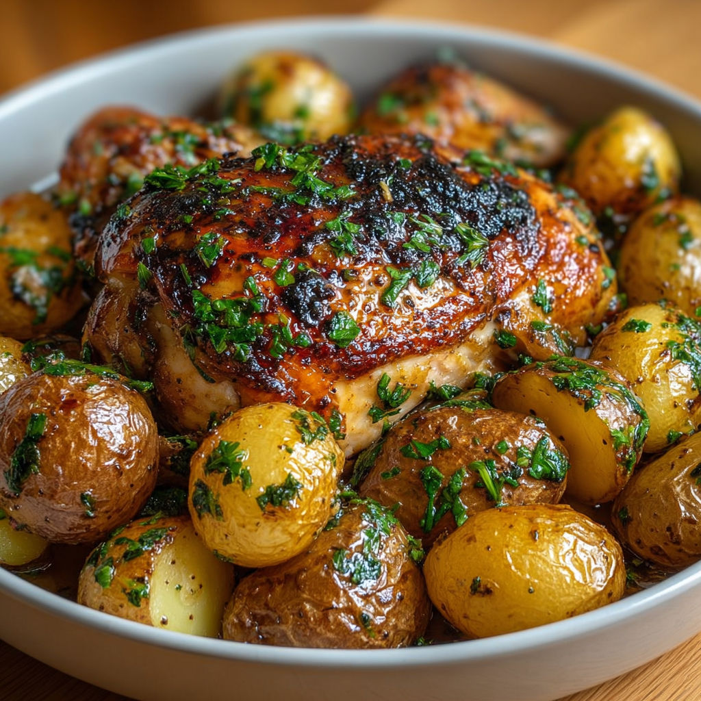 Une poêle de poulet et de pommes de terre avec des herbes et des légumes.