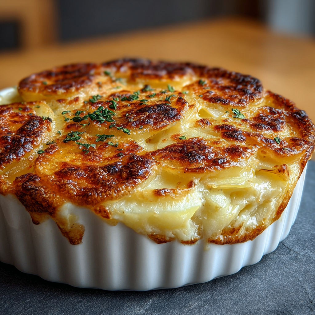 Un plat de gratin dauphinois croustillant et fondant, servit sur une table.