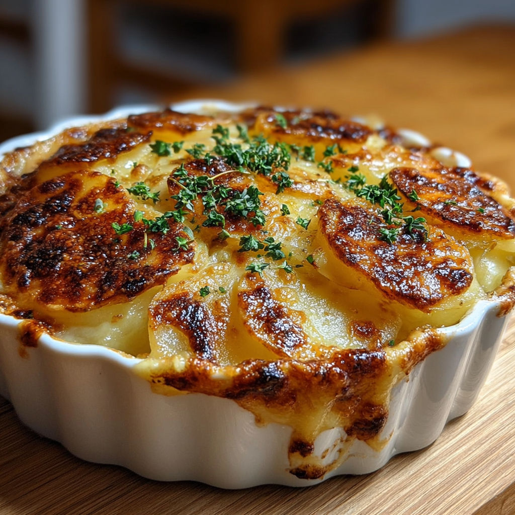 Un plat de gratin dauphinois croustillant et fondant, servit sur une table.