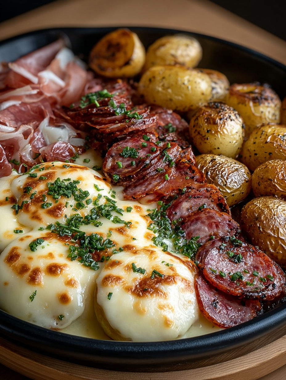 Un plat de charcuterie et légumes, avec des pommes de terre, des lardons, des oignons, des champignons et des tomates.