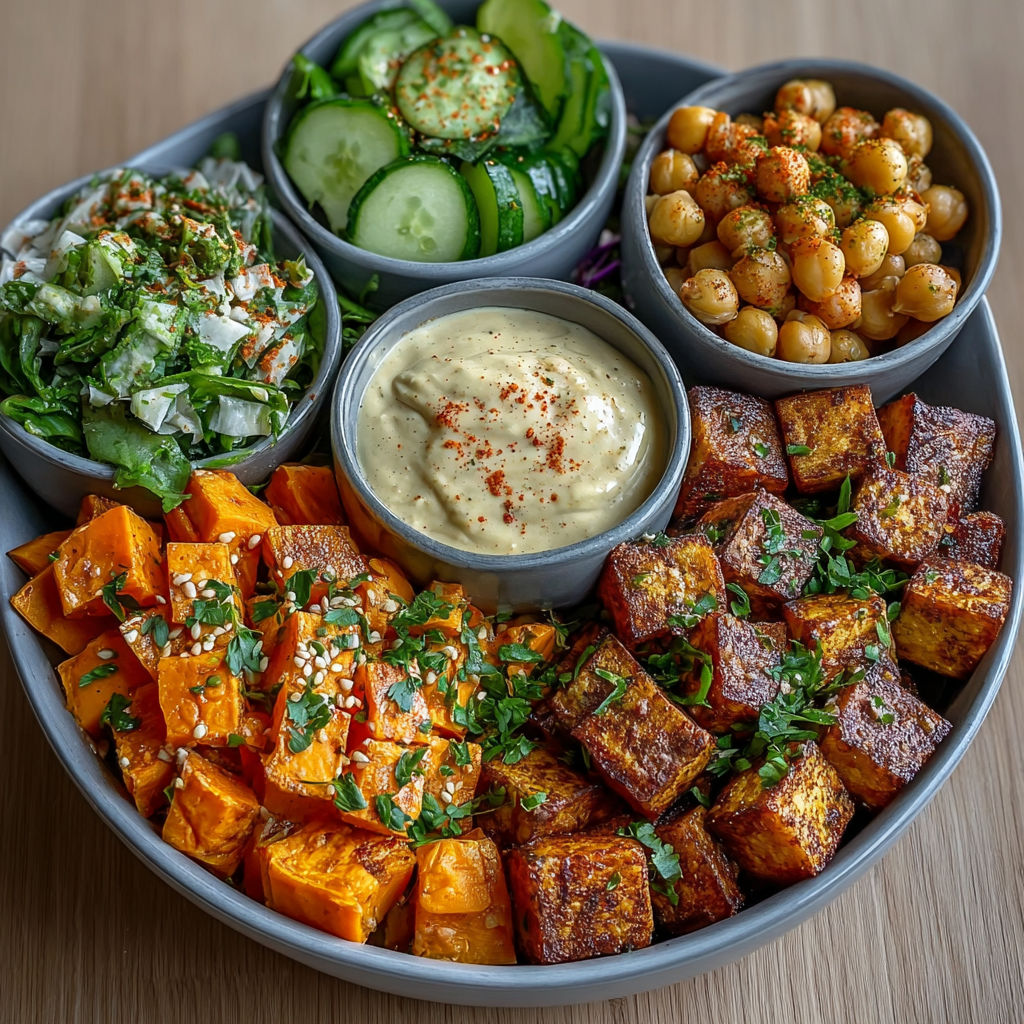 Une assiette de plats de fruits et légumes, y compris des pois chiches, des carottes et des patates douces, accompagnés de sauce tahini et de guacamole.