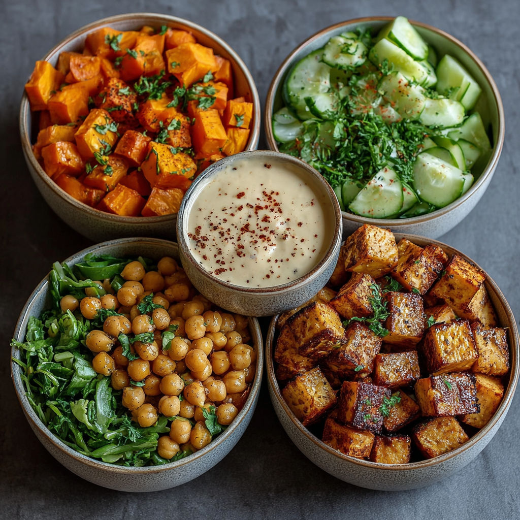 Quatre plats de salade et de légumes, avec des légumes verts, des carottes, des cucumbers, des tomates, des avocats et des quinoas, sur un plateau.