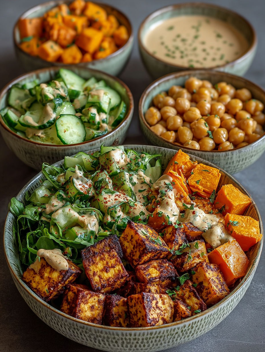 Une salade de légumes et de légumes rôtis, avec une sauce au yaourt et des herbes fraîches.