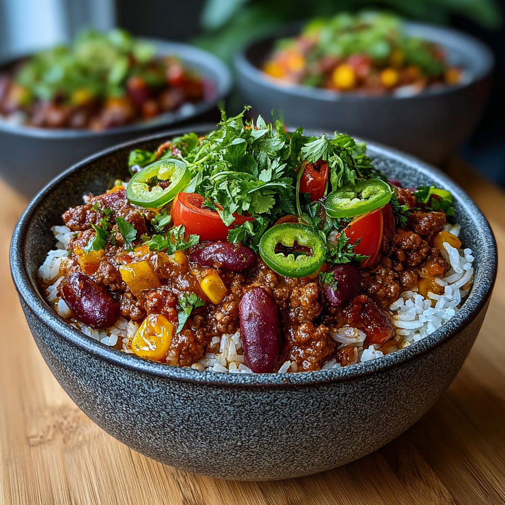 Un plat de chili con carne avec des tomates, des poivrons et des épinards.