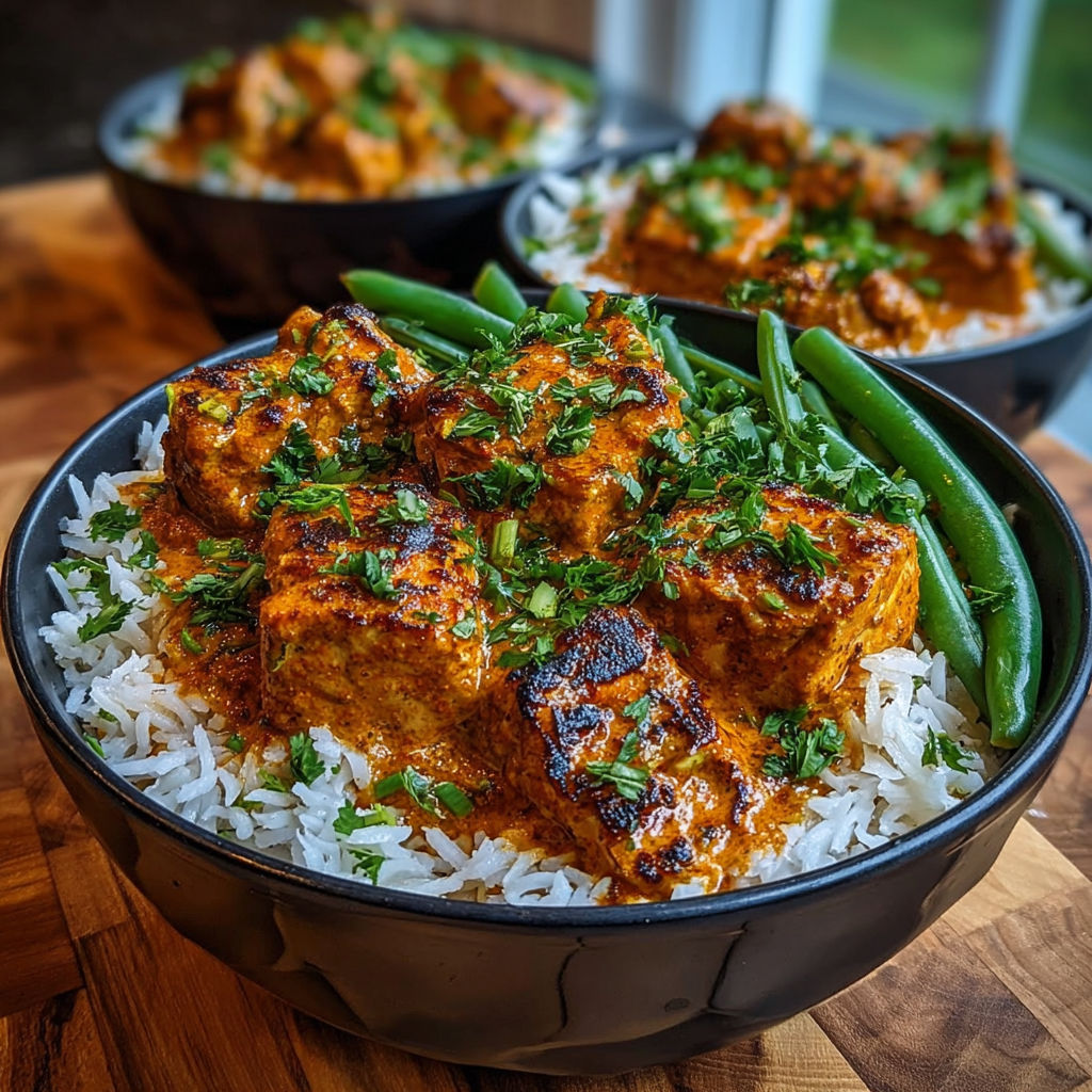 Une assiette de riz avec des cubes de viande et des haricots verts.