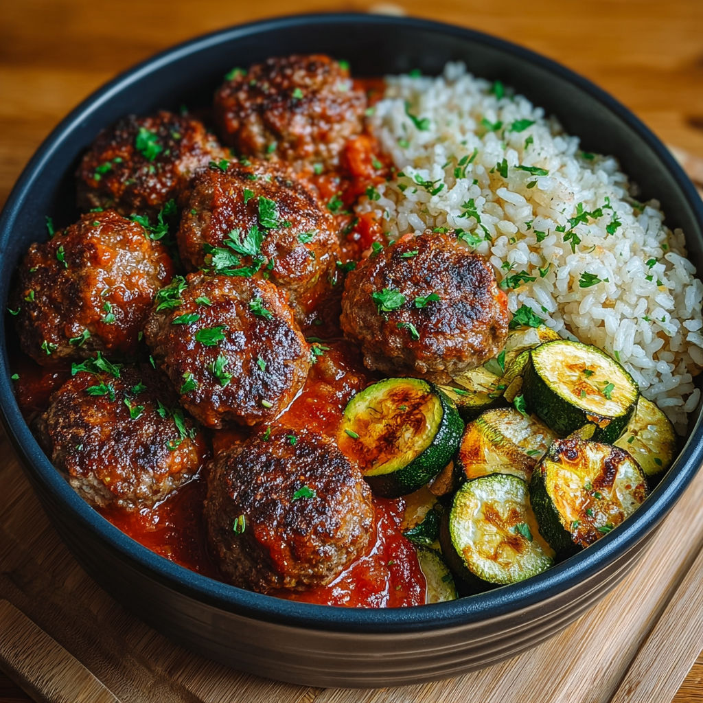 Boulettes de viande sauce tomate, riz & courgettes rôties.