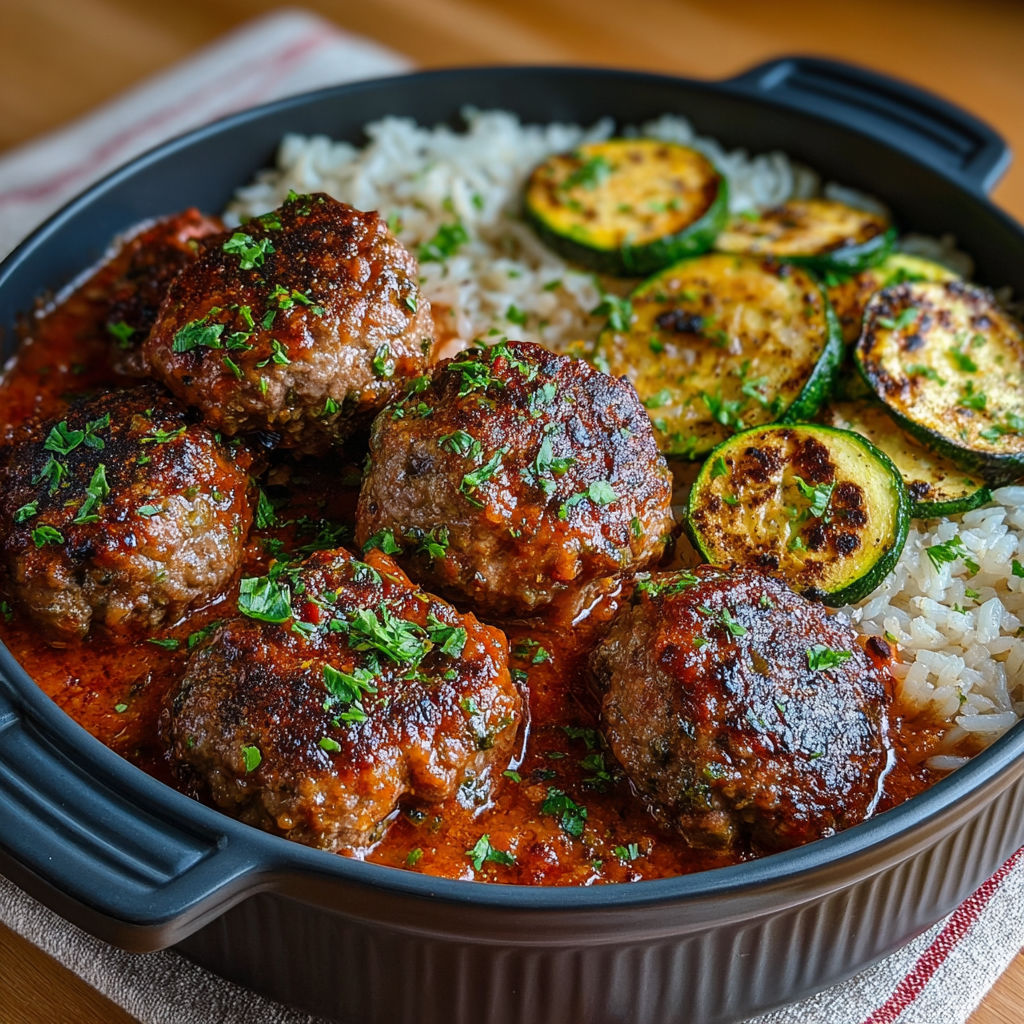 Boulettes de viande sauce tomate, riz & courgettes rôties.
