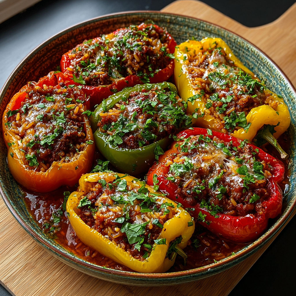 Un plat de poivrons farcis bœuf et riz à la sauce tomate.