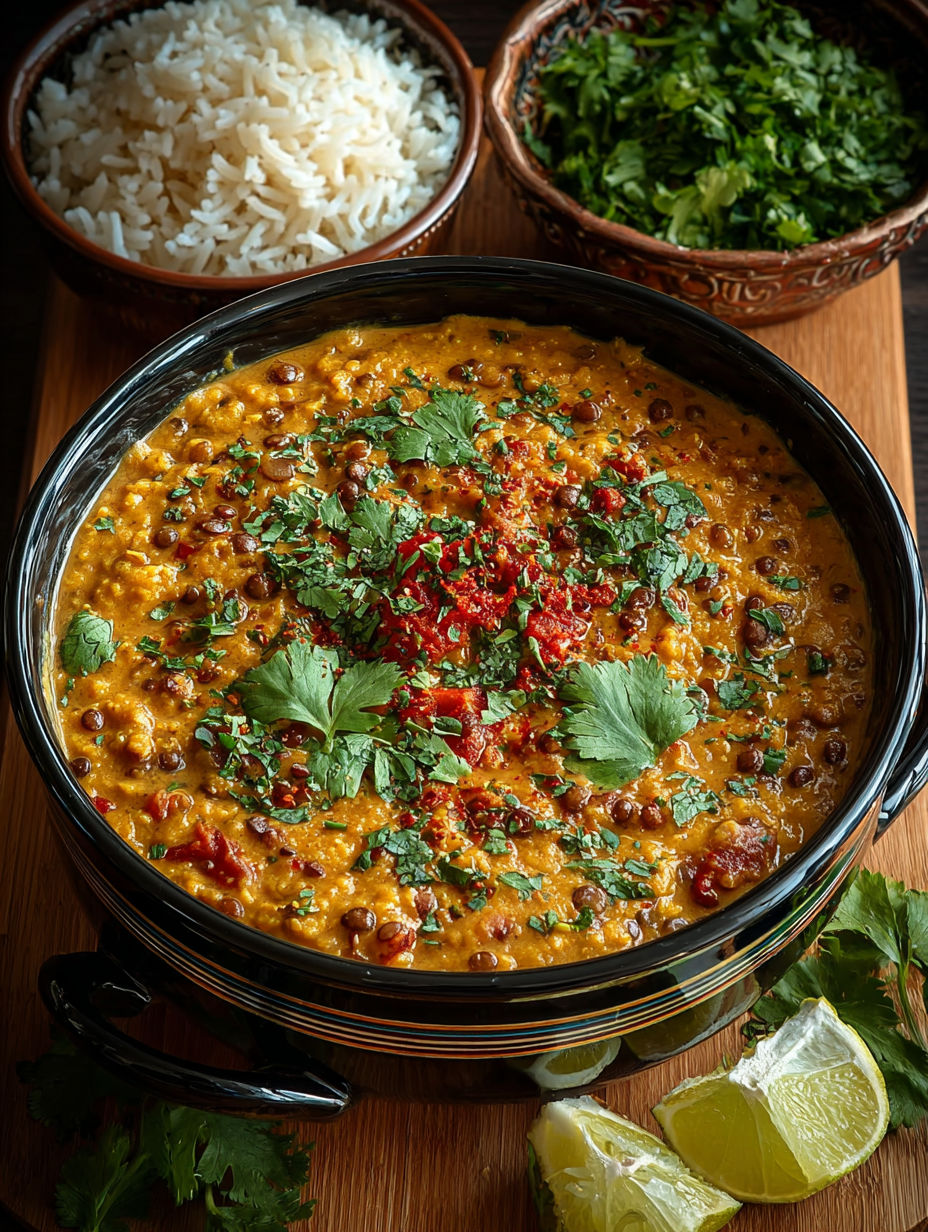 Un bol de dal indien crémeux aux lentilles et épices sur une table.