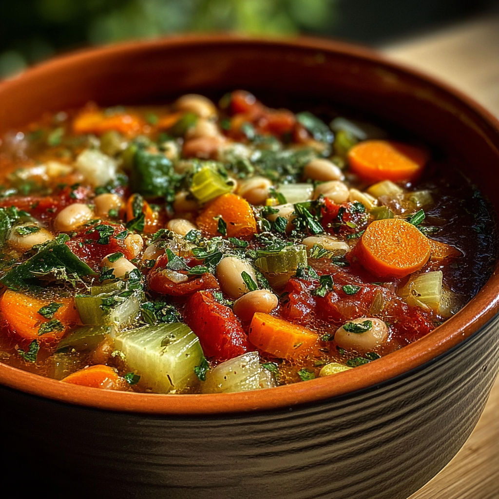 Un pot de soupe avec des légumes et des grains.