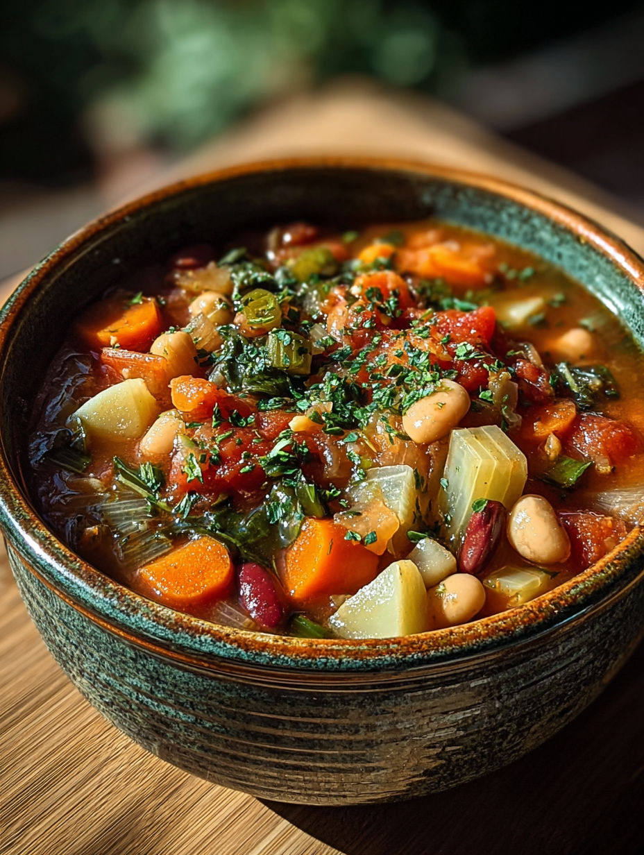 Une soupe chaude avec des légumes et des haricots.