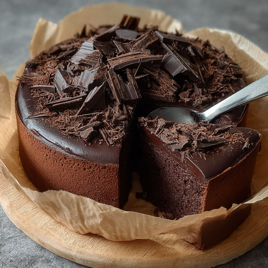 Une tarte au chocolat est servie sur un plateau en bois avec une fourchette.