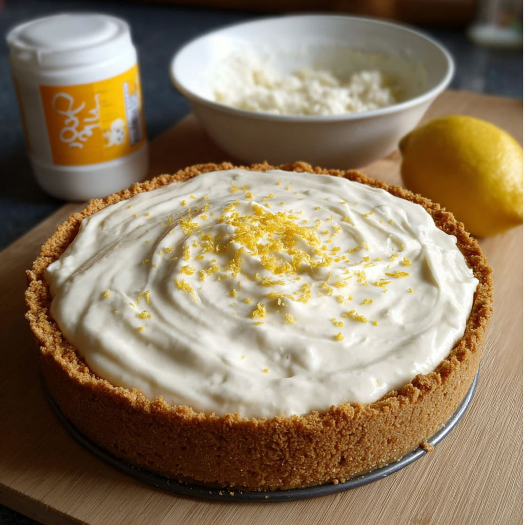 Une tarte aux citrons et yaourt sur une planche de bois.