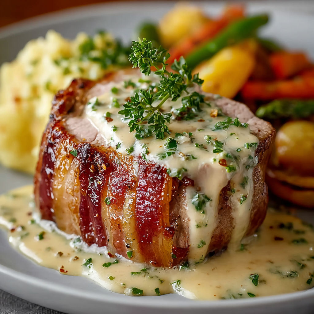 Un filet de boeuf est servi avec une sauce au pesto et des légumes verts.