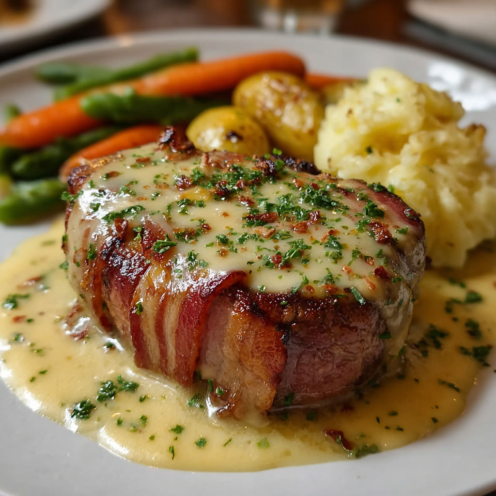 Une viande grillée avec des légumes et des pommes de terre, accompagnée d'une sauce au beurre.