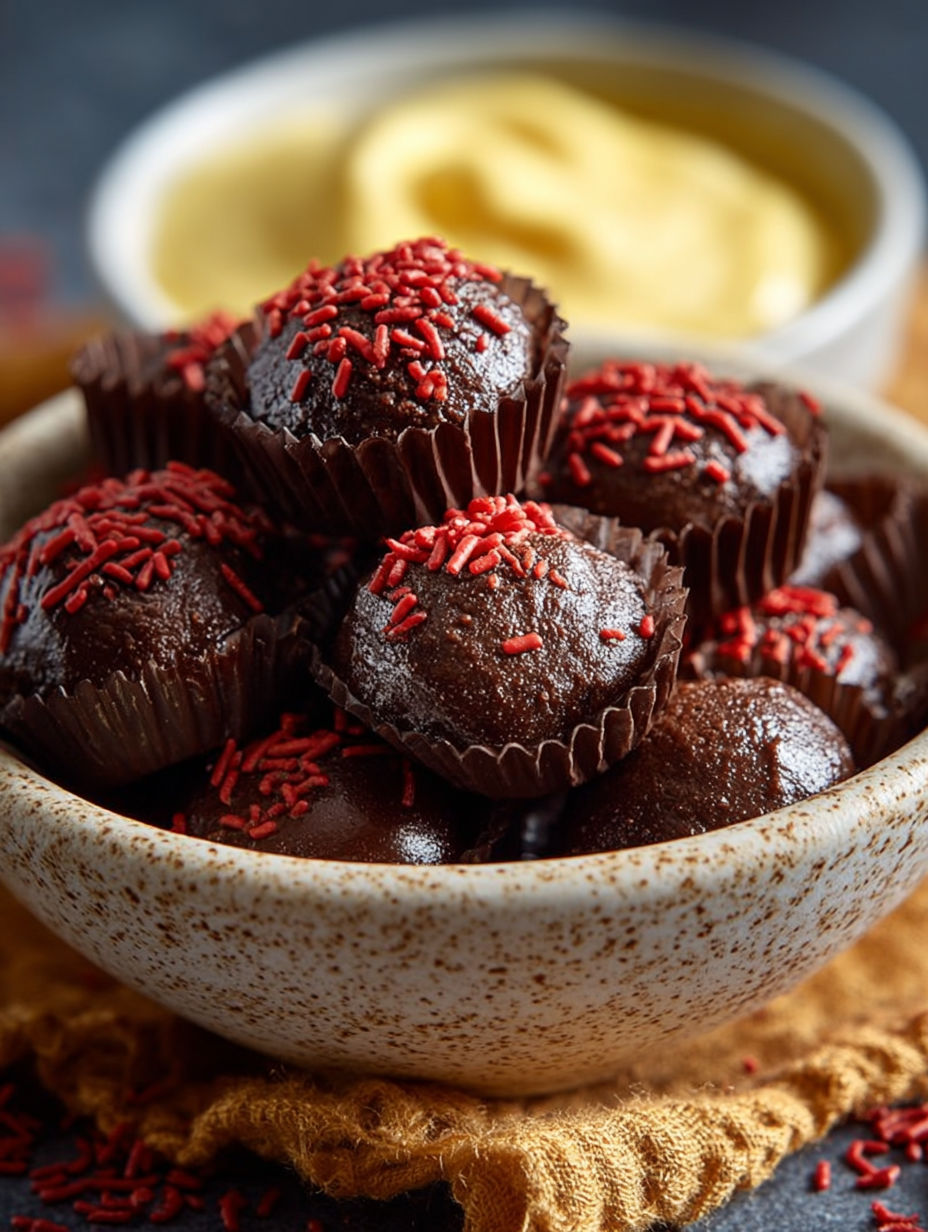 Un bouquet de chocolats rouges et noirs dans un bol.