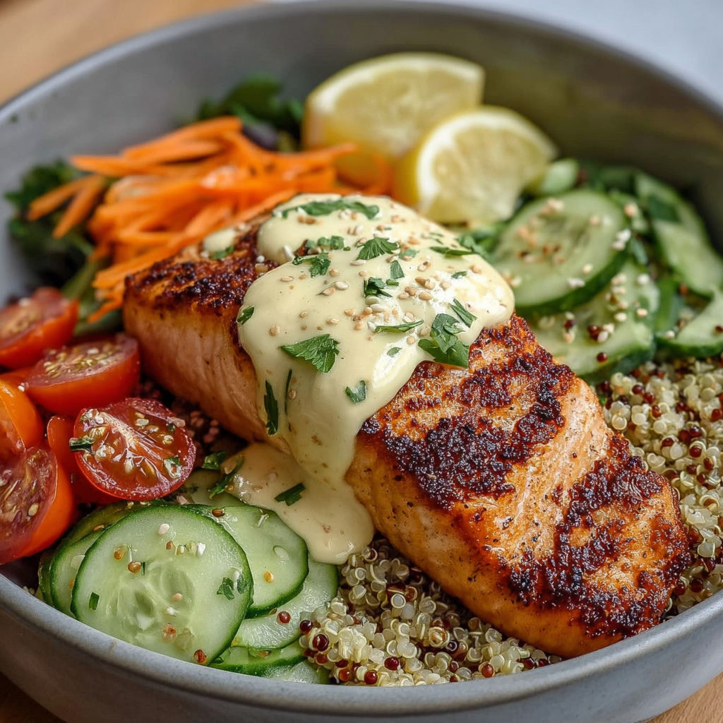 Un plat de saumon grillé avec aïoli, quinoa et crudités.