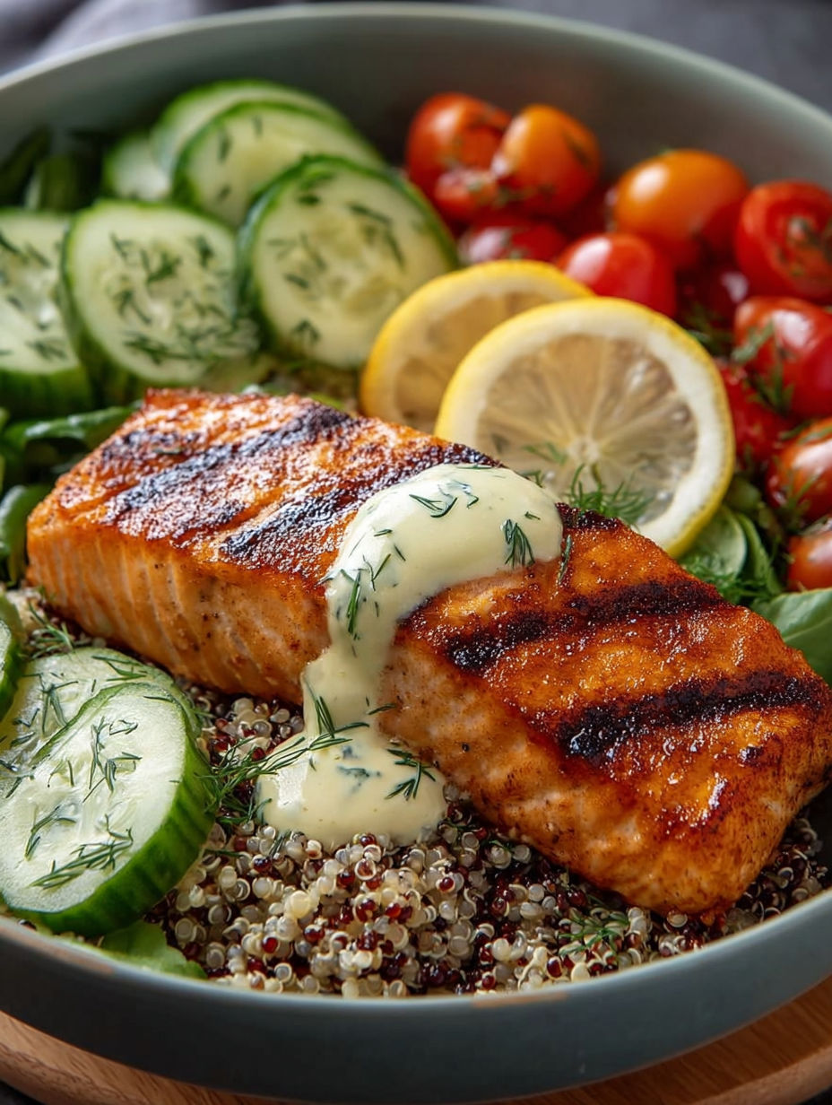 Saumon grillé avec aïoli, quinoa et crudités dans un bol.