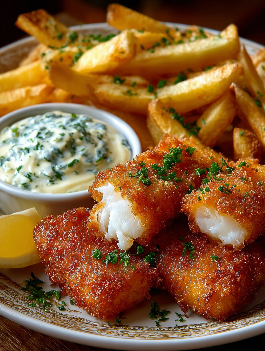 Une assiette de frites maison accompagnée de sauce aïoli et de frites croustillantes de poisson.