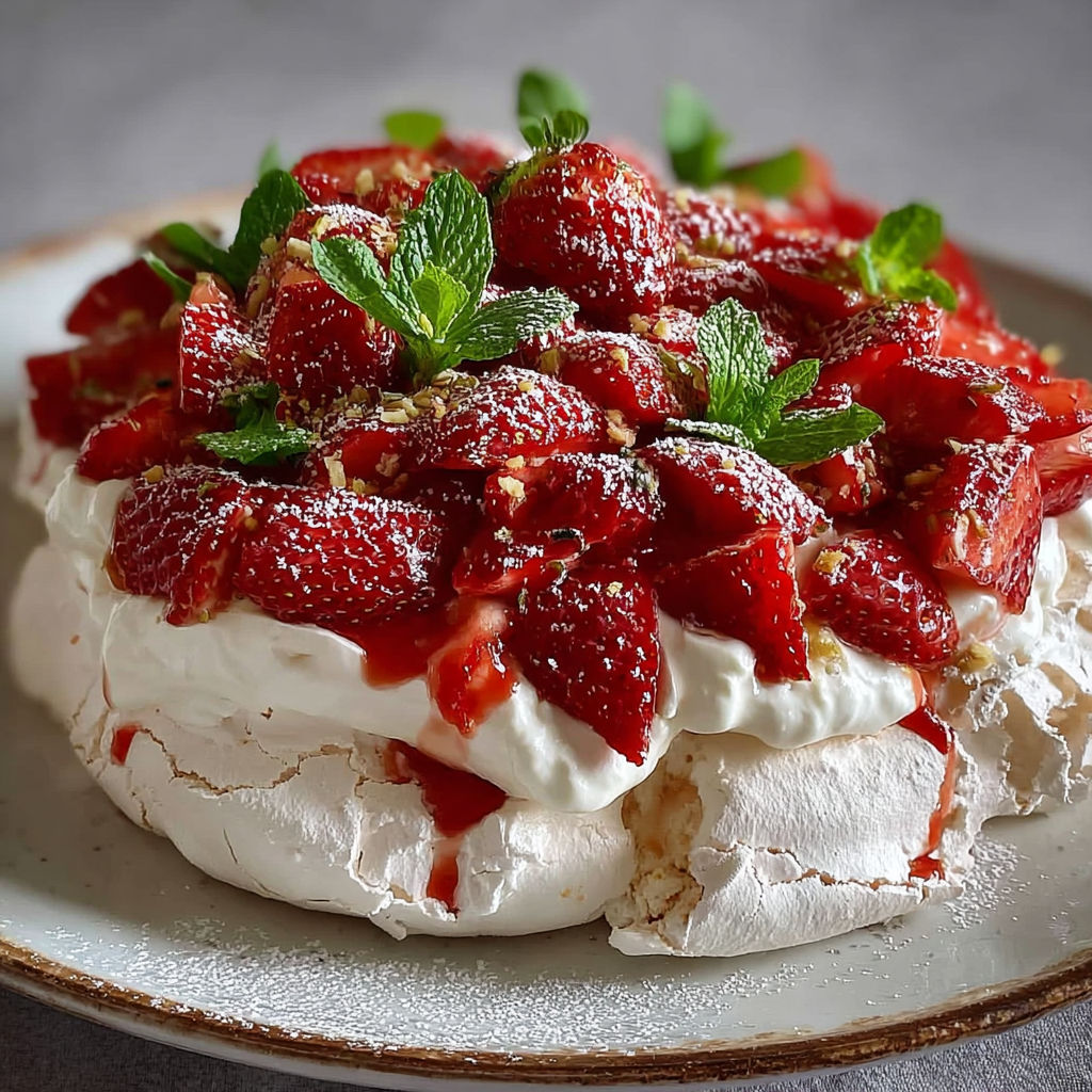 Une tarte aux fraises et à la menthe, garnie de fraises fraîches et de menthe fraîche, est servie sur un plateau.