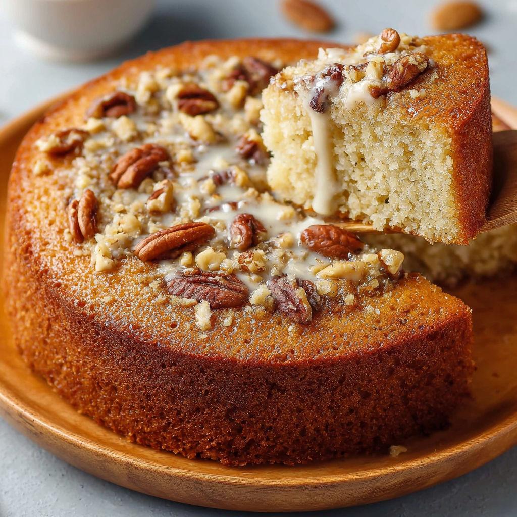 Une portion de gâteau de noix avec des noix et du beurre sur une planche.
