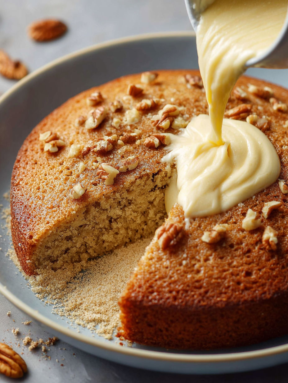 Une tarte aux noix est servie avec une sauce au yaourt.