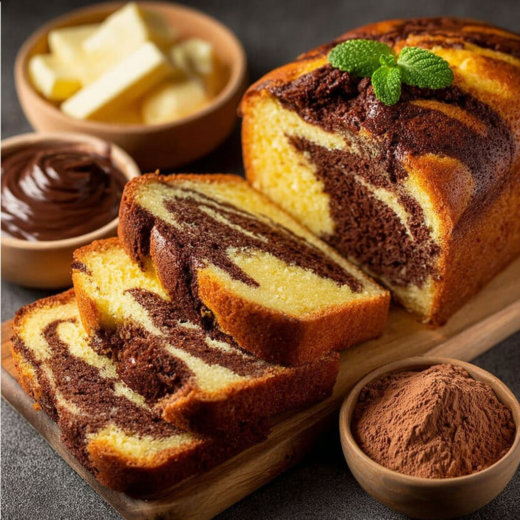 Une cake marbré chocolat-vanille moelleux est servie sur un plateau avec des fruits rouges et des chocolats.