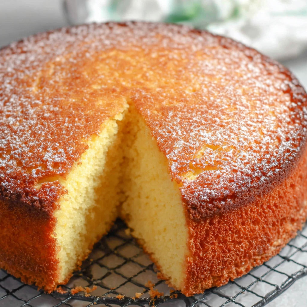 Une tranche de gâteau génoise nature ultra moelleuse, prête à être mangée.