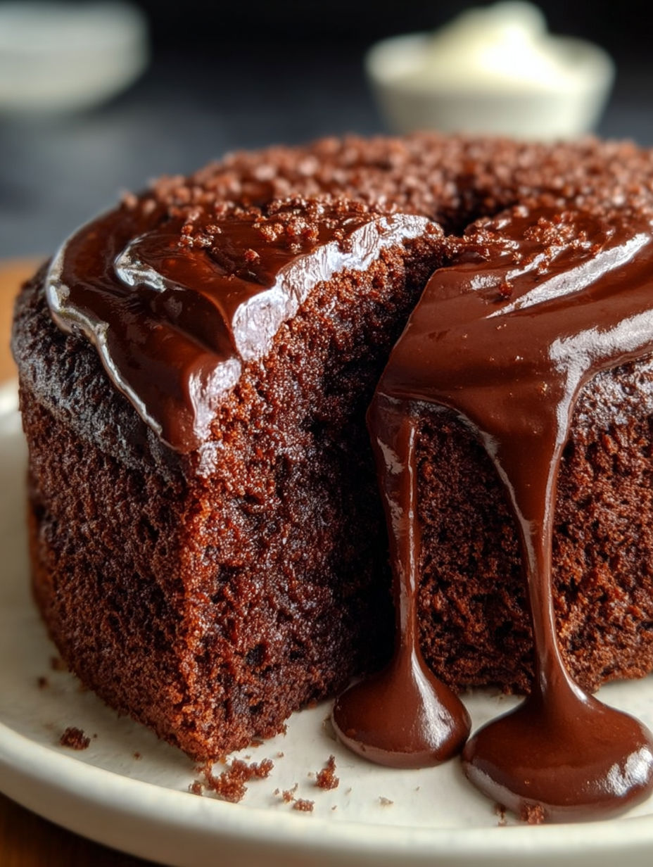 Un gâteau chocolat délicieux, prêt à être mangé, avec une nappe crémeuse et des gouttes de chocolat.