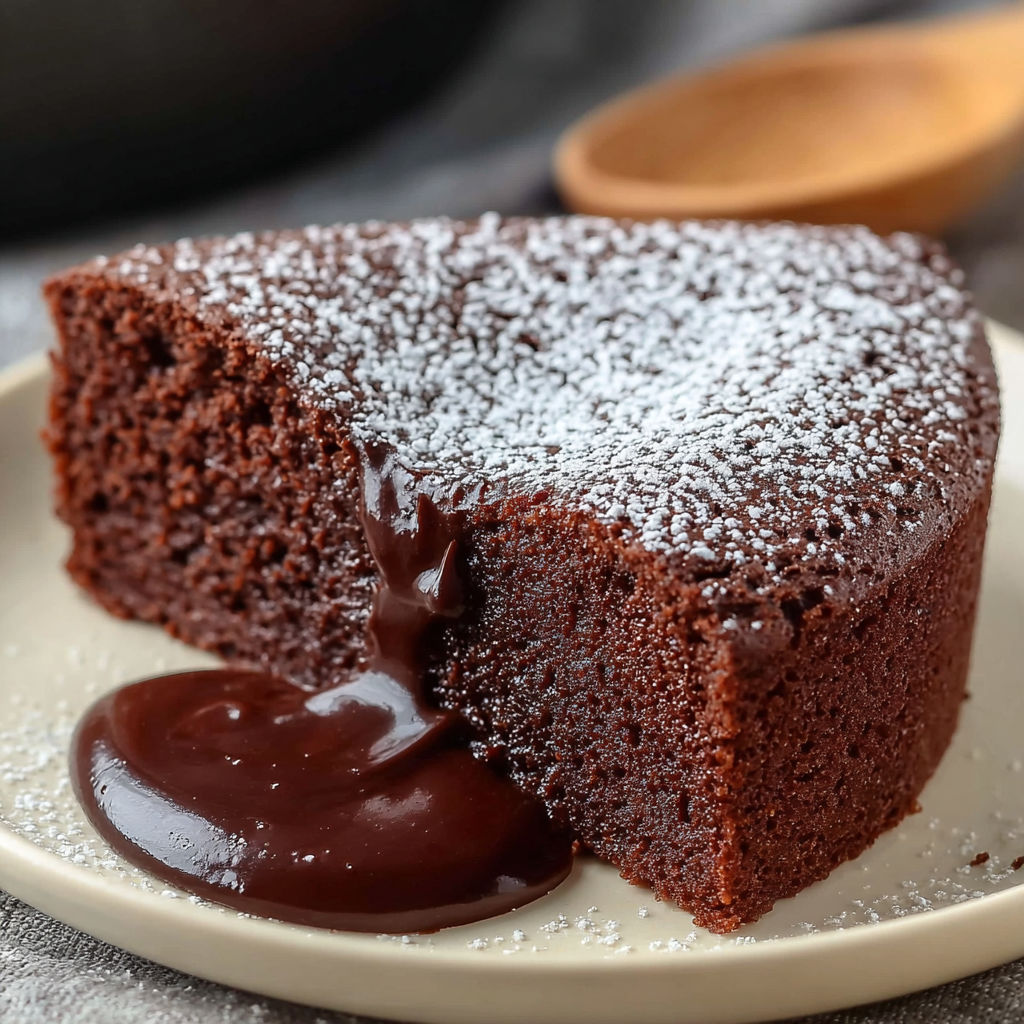 Une portion de gâteau chocolat fondant saupoudré de sucre glace, prêt à être consommé.