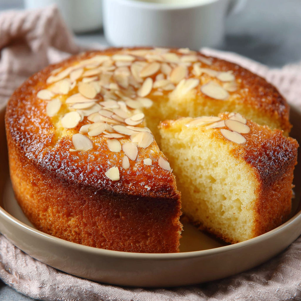 Une portion de gâteau moelleux aux amandes, servie dans un plateau.