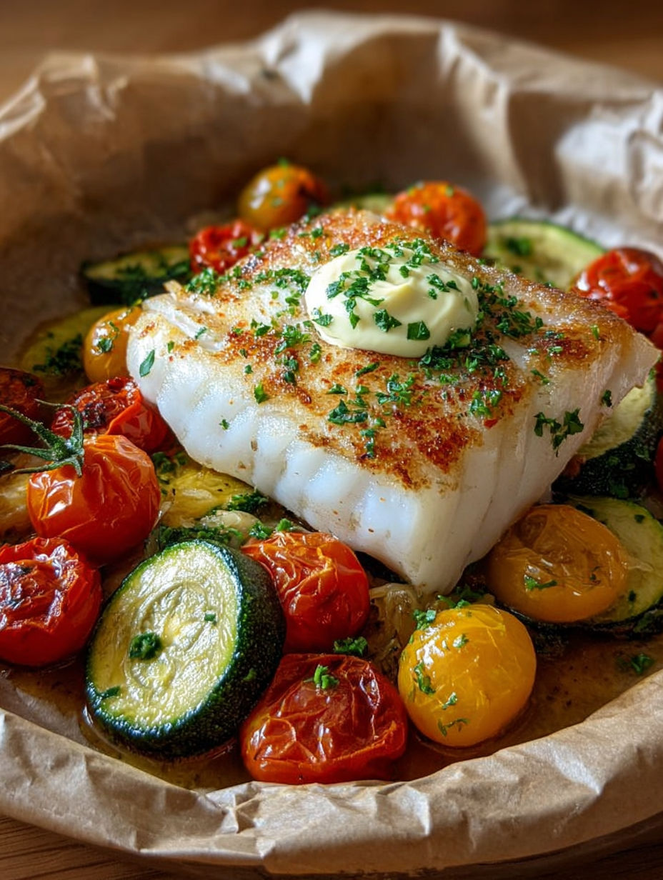 Fish with tomatoes and zucchini, served with a dollop of butter and herbs.