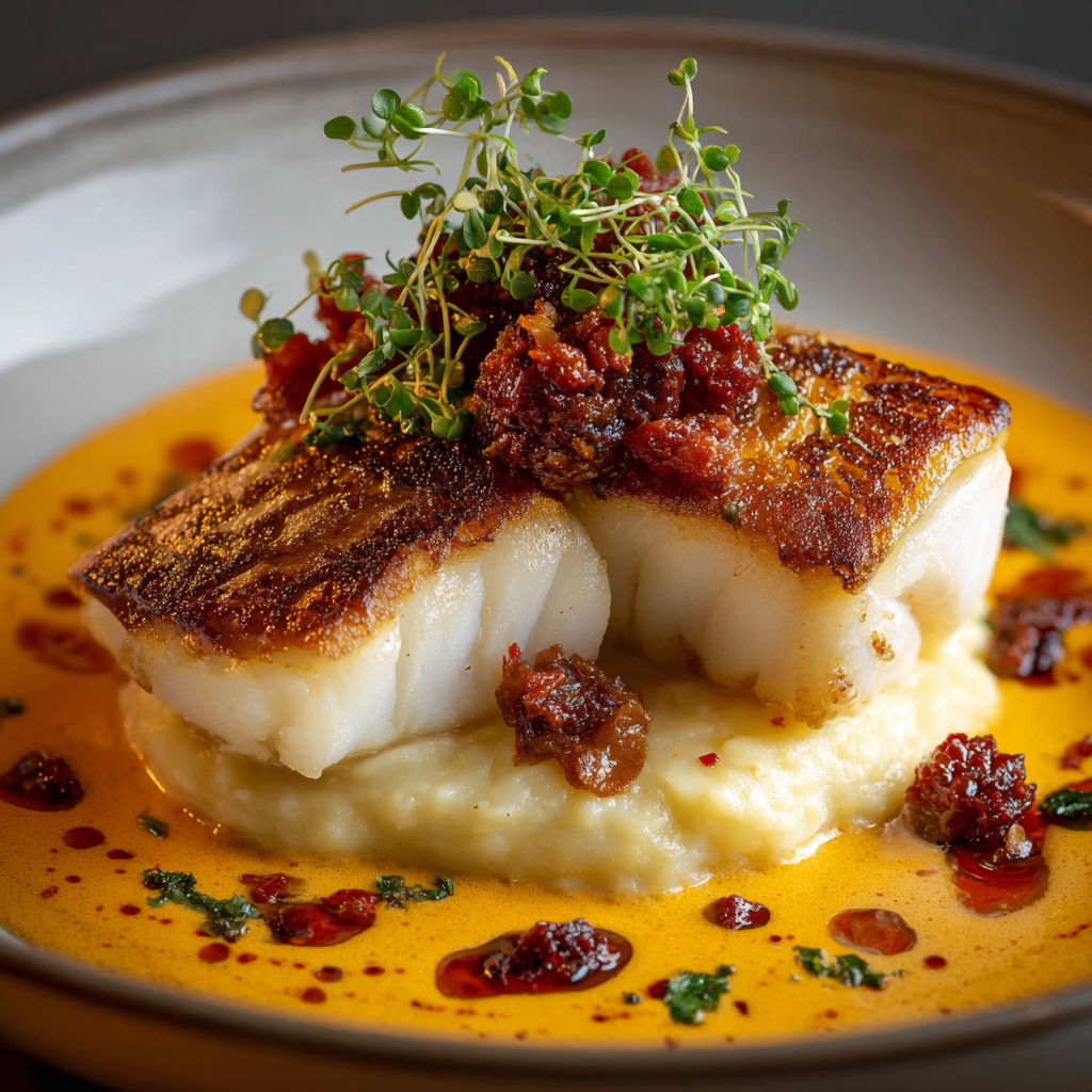 Une poisson en papillote avec des légumes et des herbes, accompagné de pâtes et de sauce.