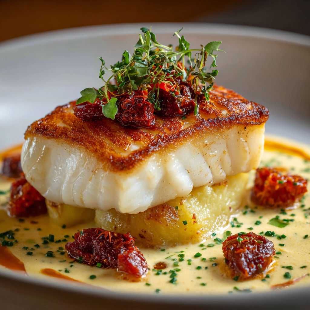 Une poisson grillé avec des légumes et des herbes sur un plat.