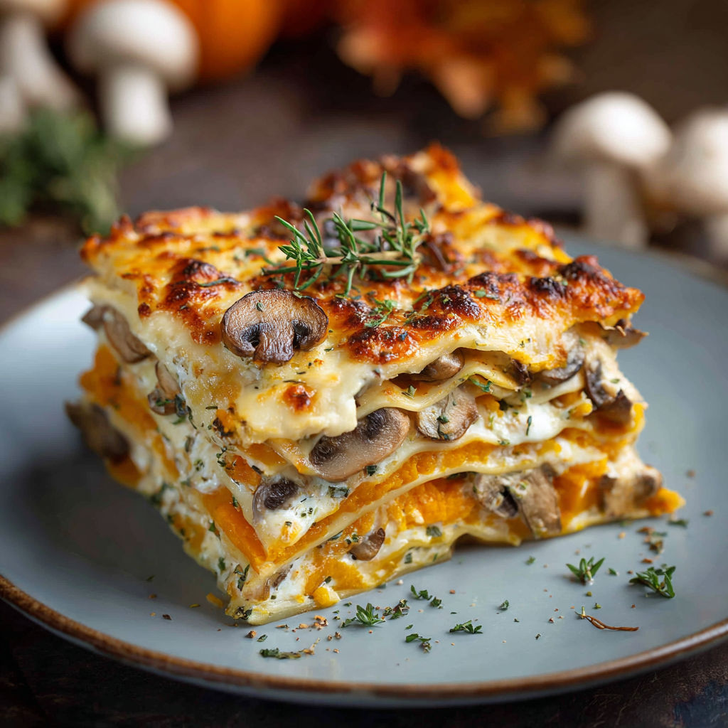 Une tarte au citron et aux champignons, avec une sauce au fromage riche et une garniture de herbes fraîches, est servie sur un plateau en céramique.
