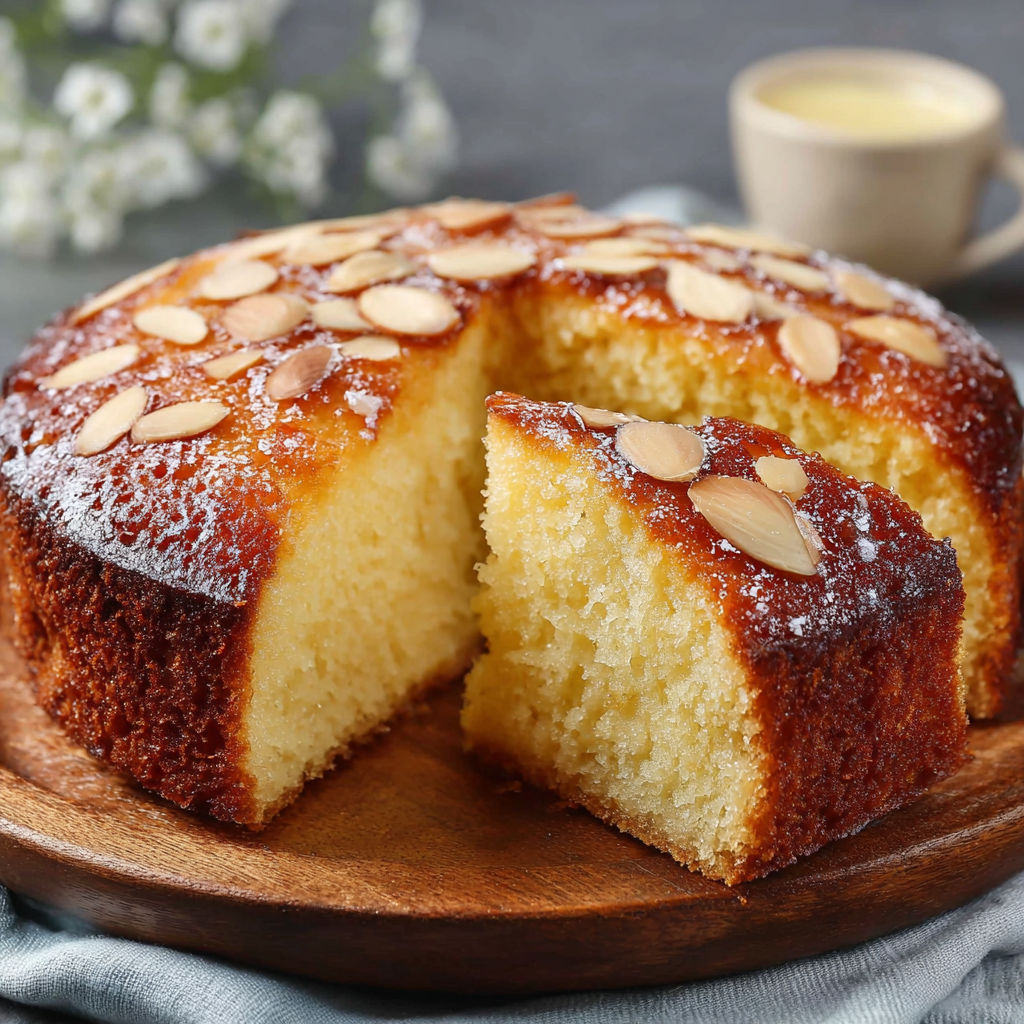 Une tarte aux amandes est servie sur un plateau en bois.