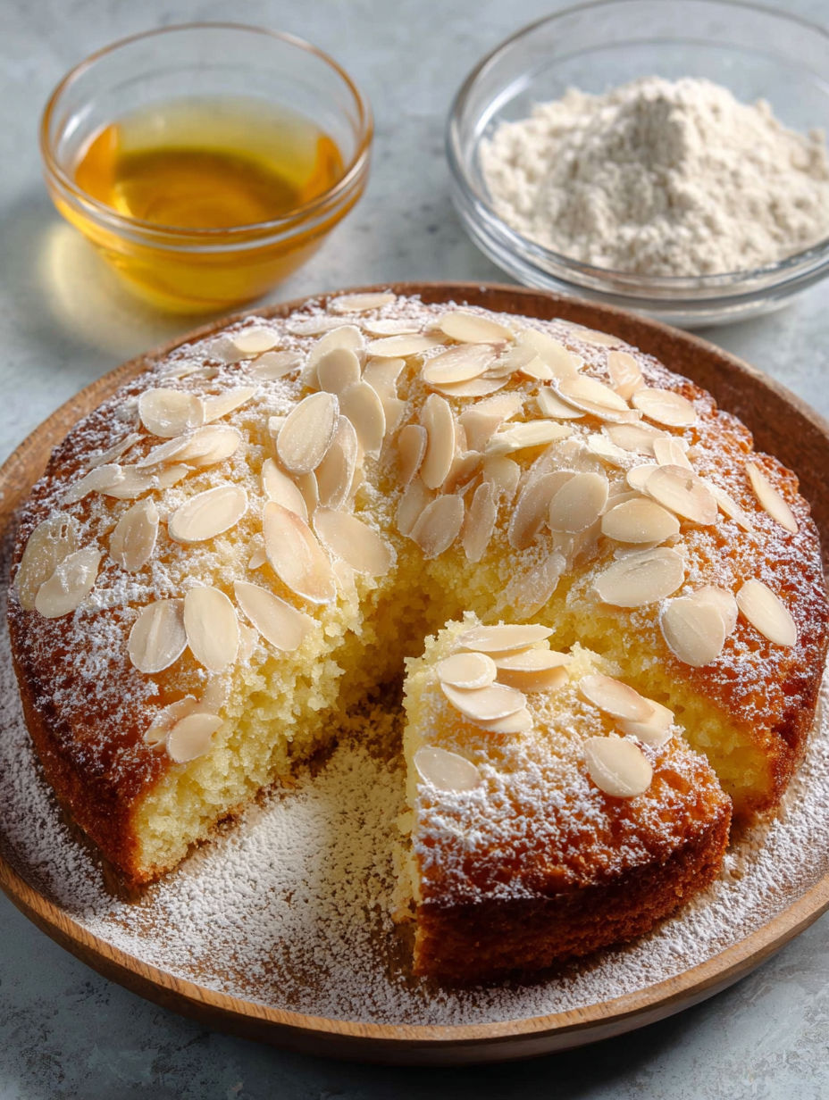 Une tarte aux amandes est servie sur un plateau avec une cuillère et un bol de poudre d'amandes.
