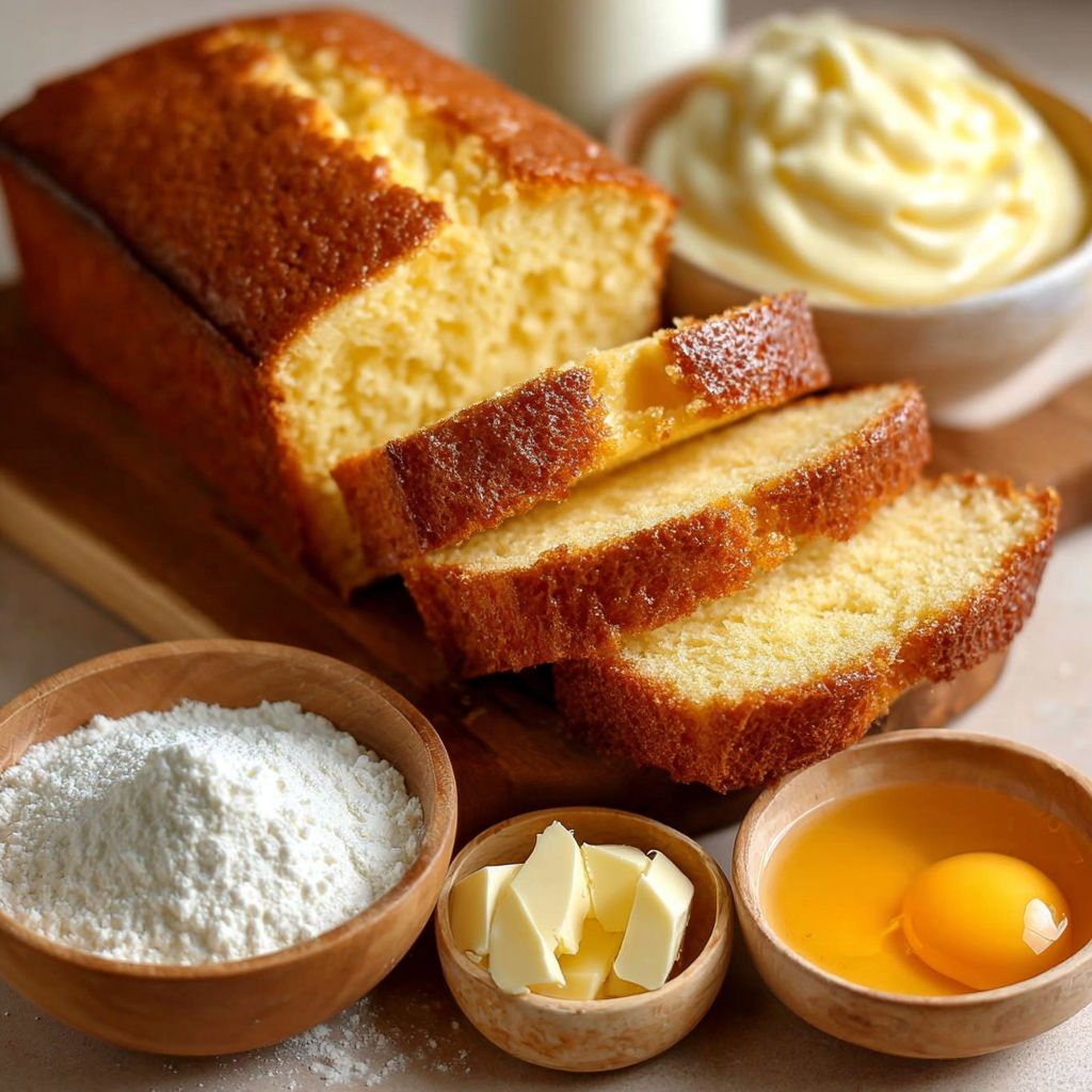 Une pâte à cake, des œufs et du beurre sont sur une table, prêts à être cuits pour un gâteau délicieux.
