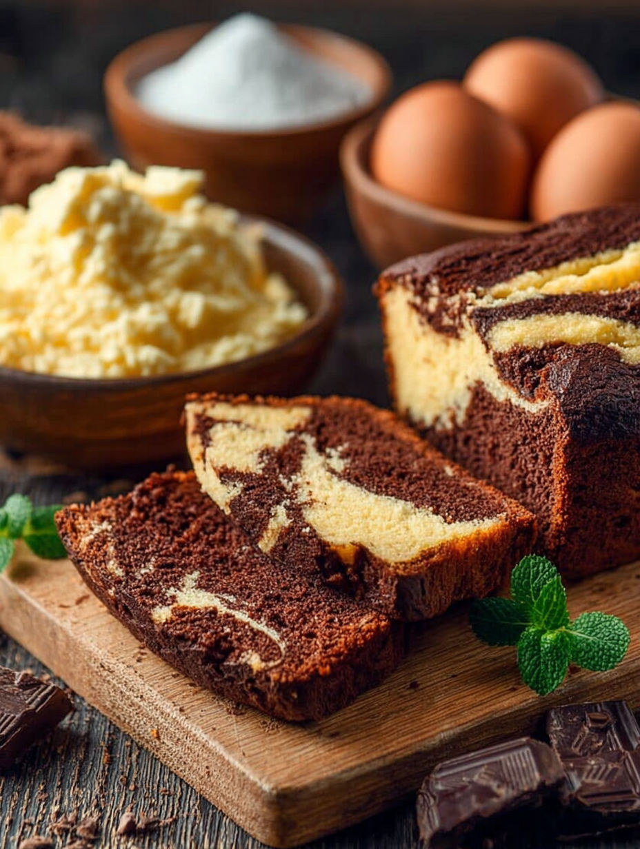 Une tarte aux fruits et au chocolat, avec une garniture de menthe, est servie sur un plateau.